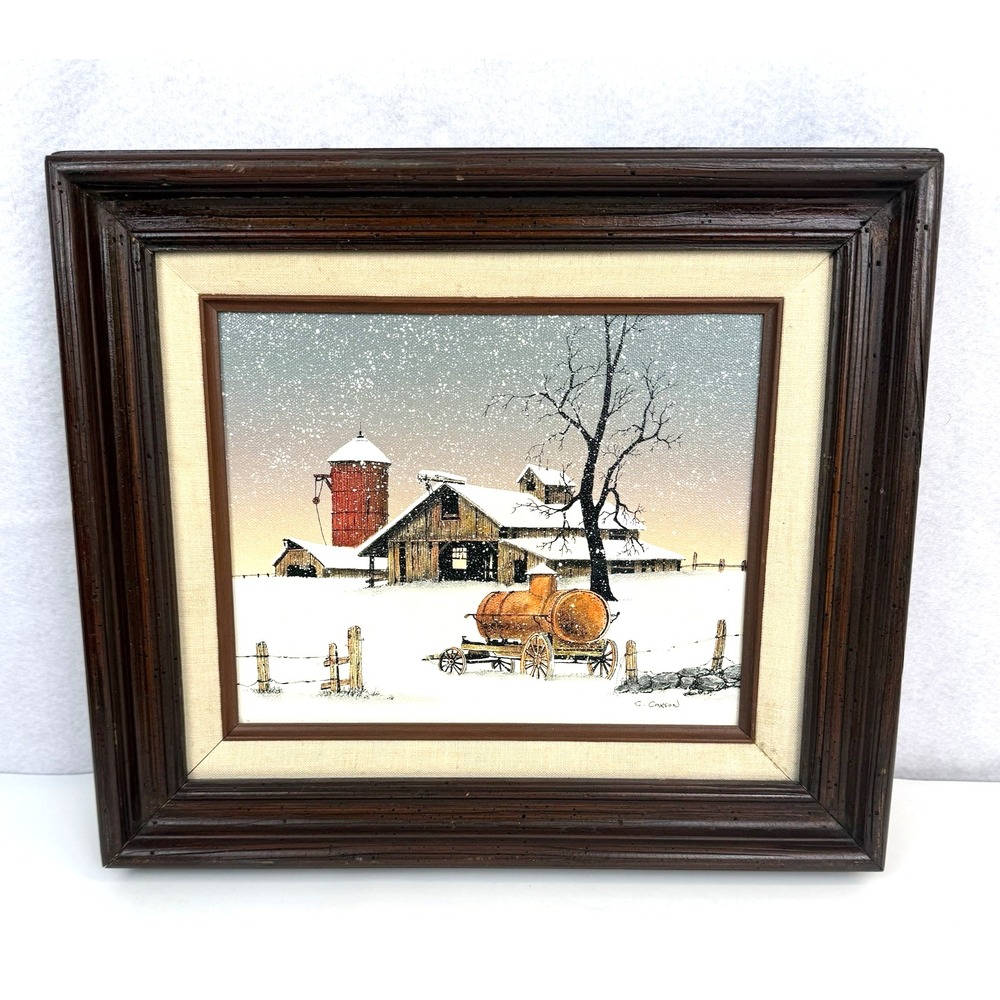 C. Carson Serigraph on Canvas Barn Silo Fuel Truck Snow 12x15 **SCRATCHED FRAME